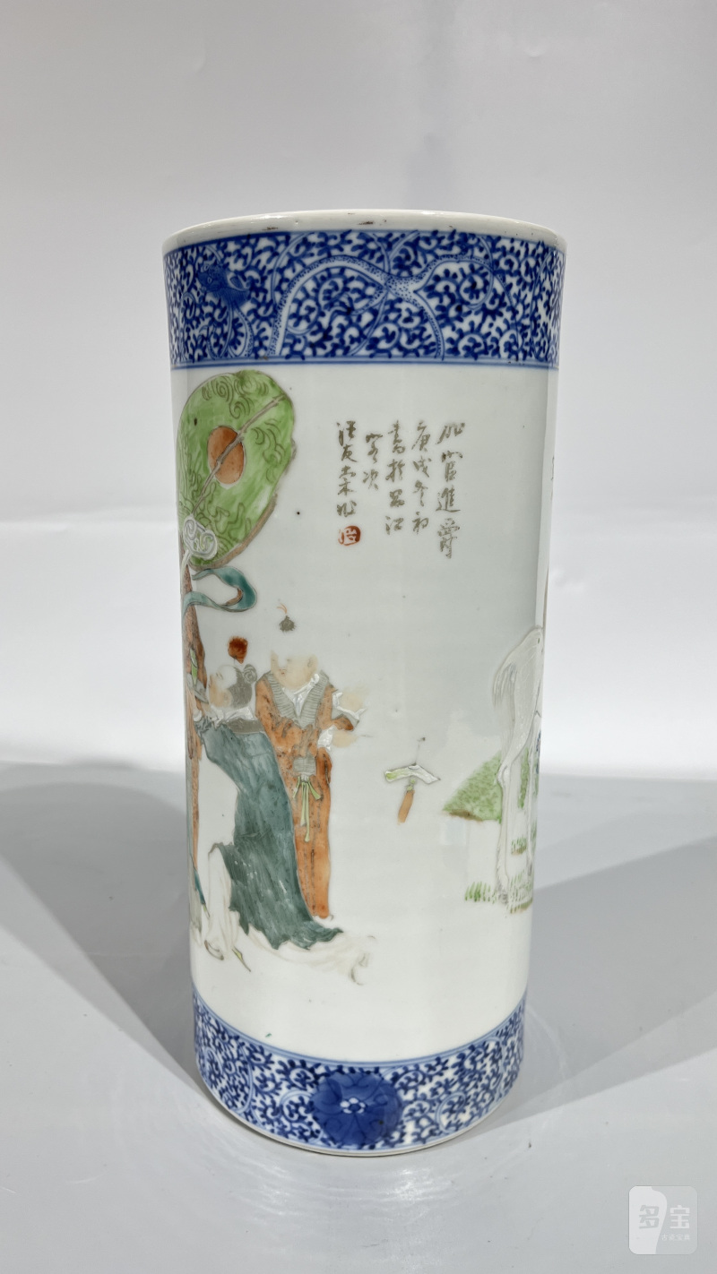 清光绪 汪友棠 浅绛彩人物故事帽筒 - 图4